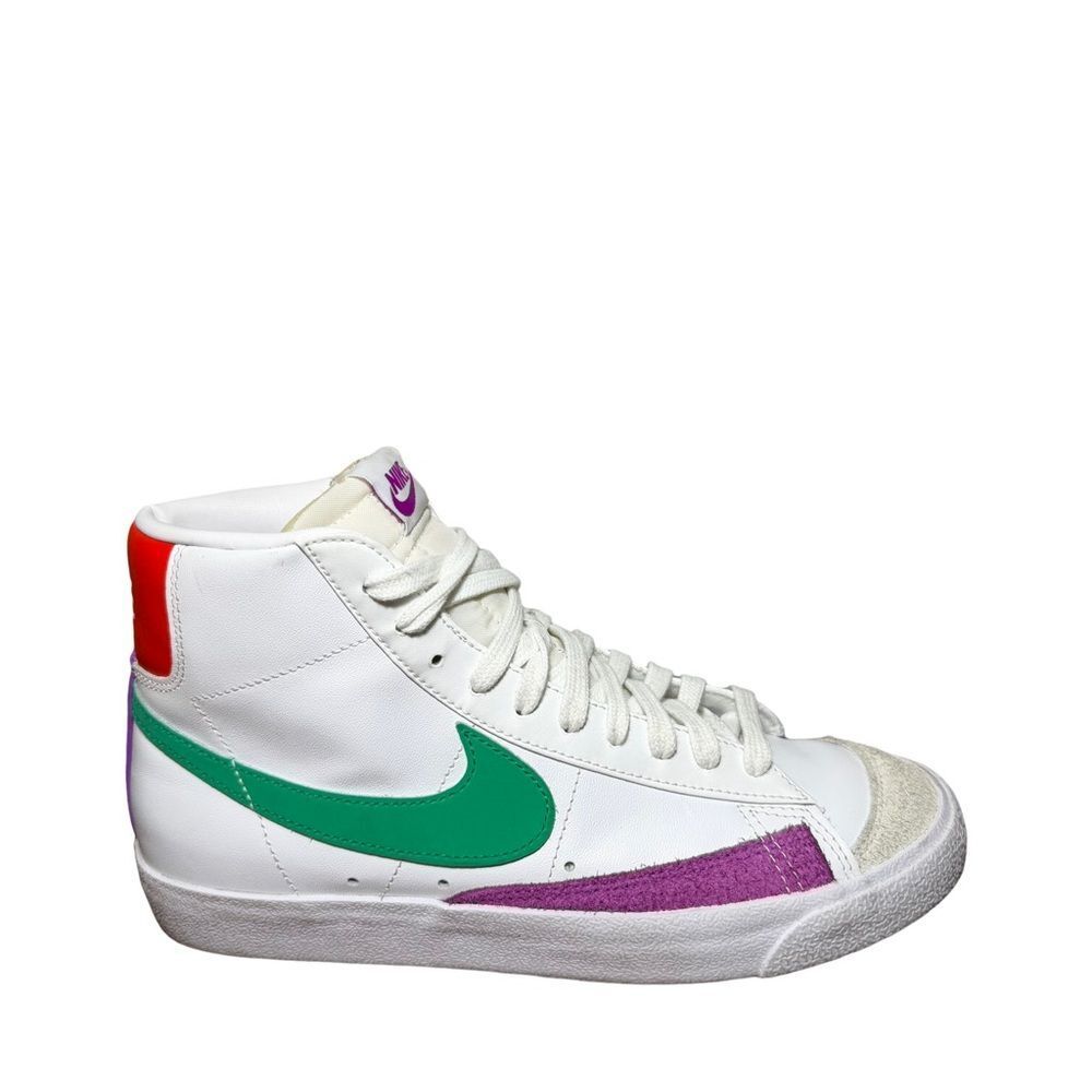 Nike Blazer Mid White Leather Sneakers with Green Swoosh & Purple size 9.5